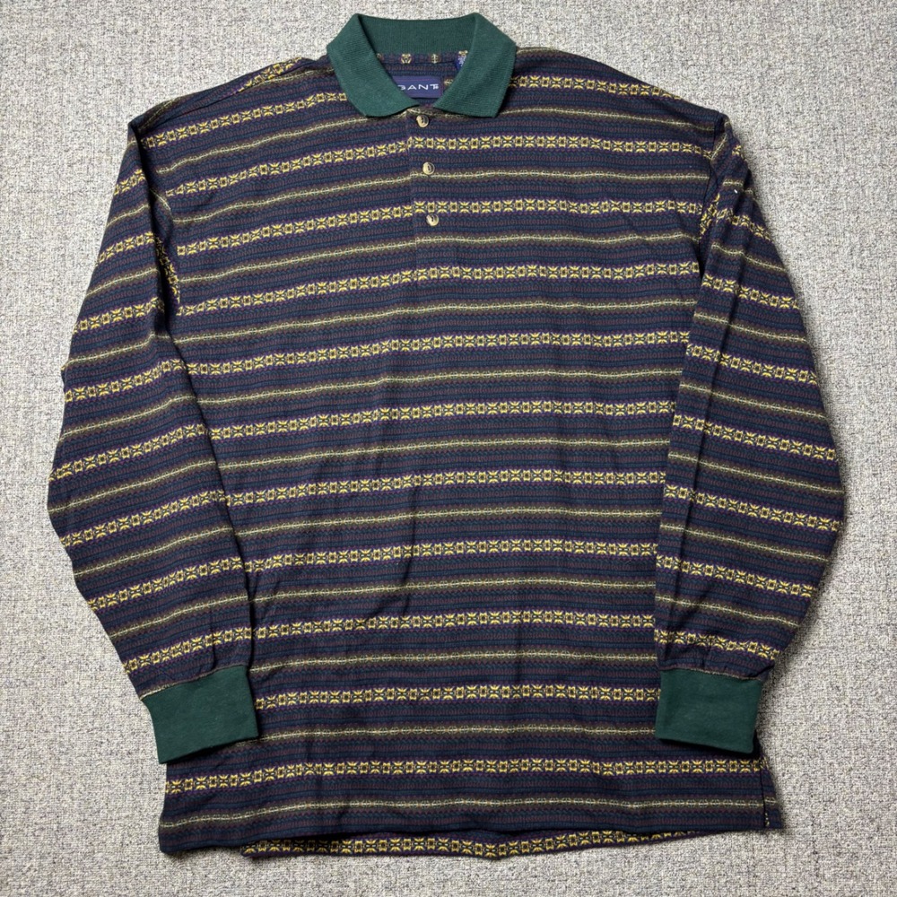 Gant Polo Shirt Mens Medium Green Fair Isle Striped Long Sleeve Nordic